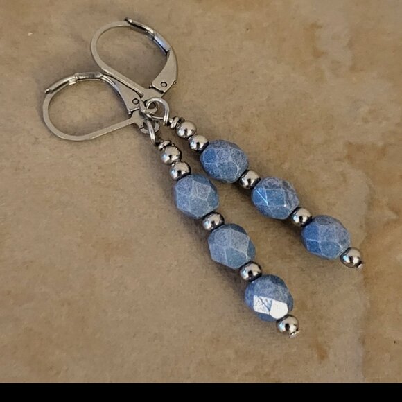 Denim Blue Czech Crystal Earrings Firepolished Stainless Leverback Earwires - Picture 2 of 6